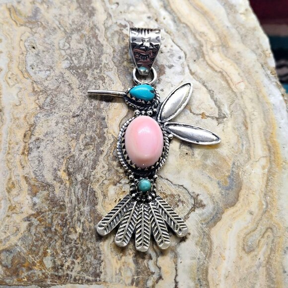 Southwest Hummingbird Pendant Pink Conch Shell Turquoise Sterling Silver 2.5" - Picture 1 of 6